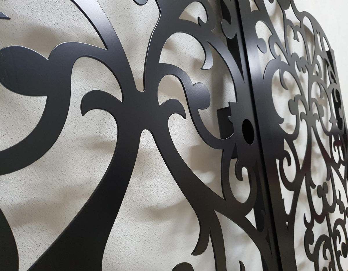 Black powder coated laser cut metal double pedestrian gate and lock box detail