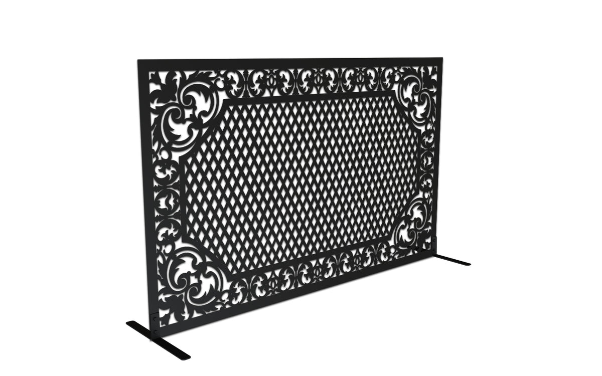 Matte Black powder coated laser cut metal freestanding fireplace screen featuring central diamond mesh pattern with ornate scrollwork frame and T-shaped support feet