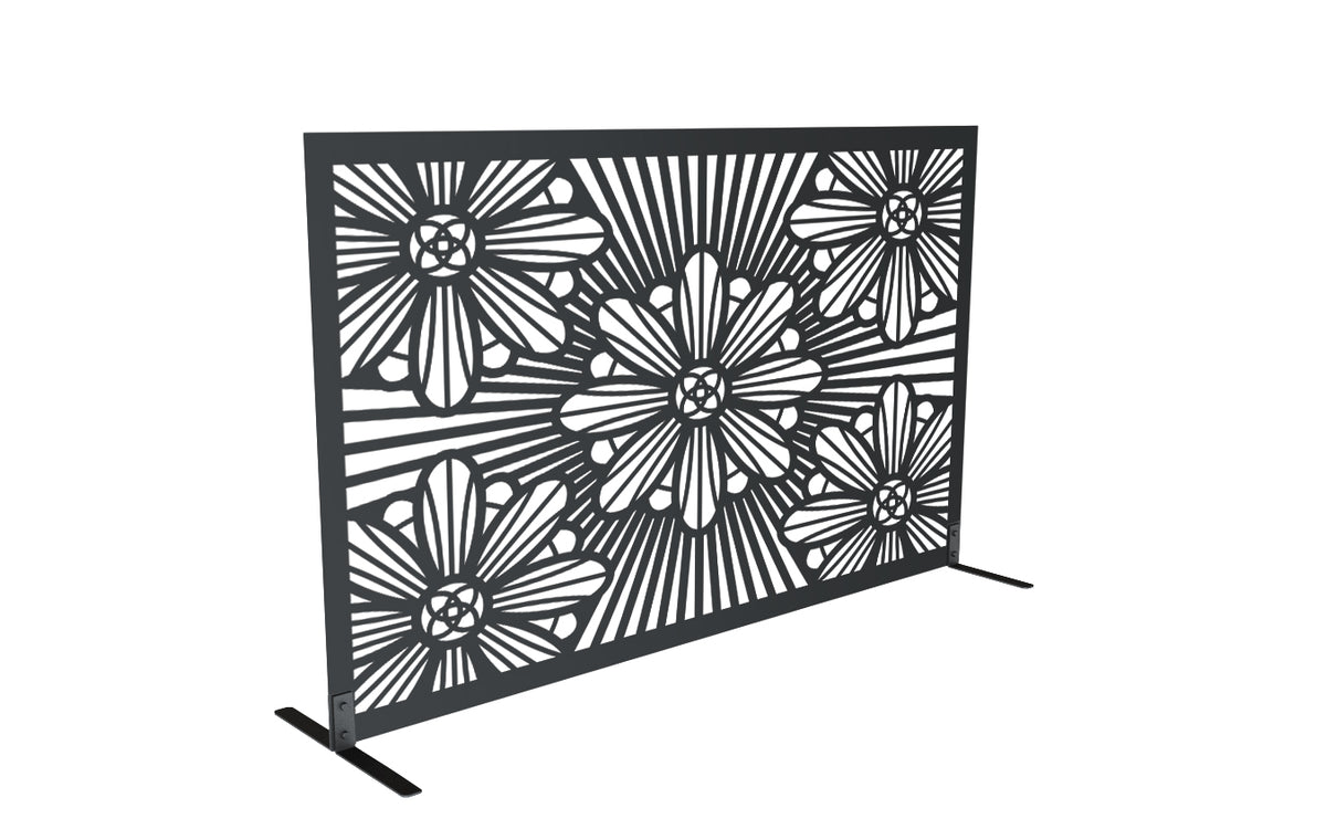 Matte black powder coated laser cut metal freestanding fireplace screen