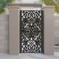 Black metal laser cut pedestrian garden gate featuring traditional ornate baroque damask scrollwork pattern