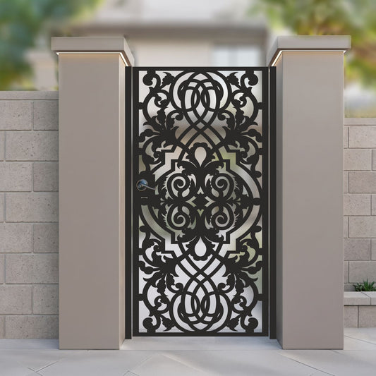 Black metal laser cut pedestrian garden gate featuring traditional ornate baroque damask scrollwork pattern