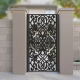 Black metal laser cut pedestrian garden gate featuring traditional ornate baroque damask scrollwork pattern