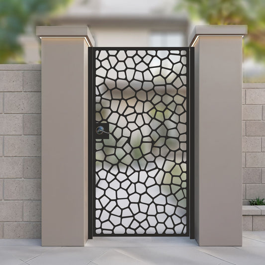 metal laser cut pedestrian garden gate featuring full coverage cobble stone pebble cellular pattern
