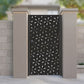 Black metal laser cut pedestrian garden gate featuring modern stylized daisy floral and starburst pattern
