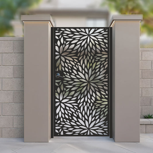 Black metal laser cut pedestrian garden gate featuring full coverage radial floral burst petal pattern