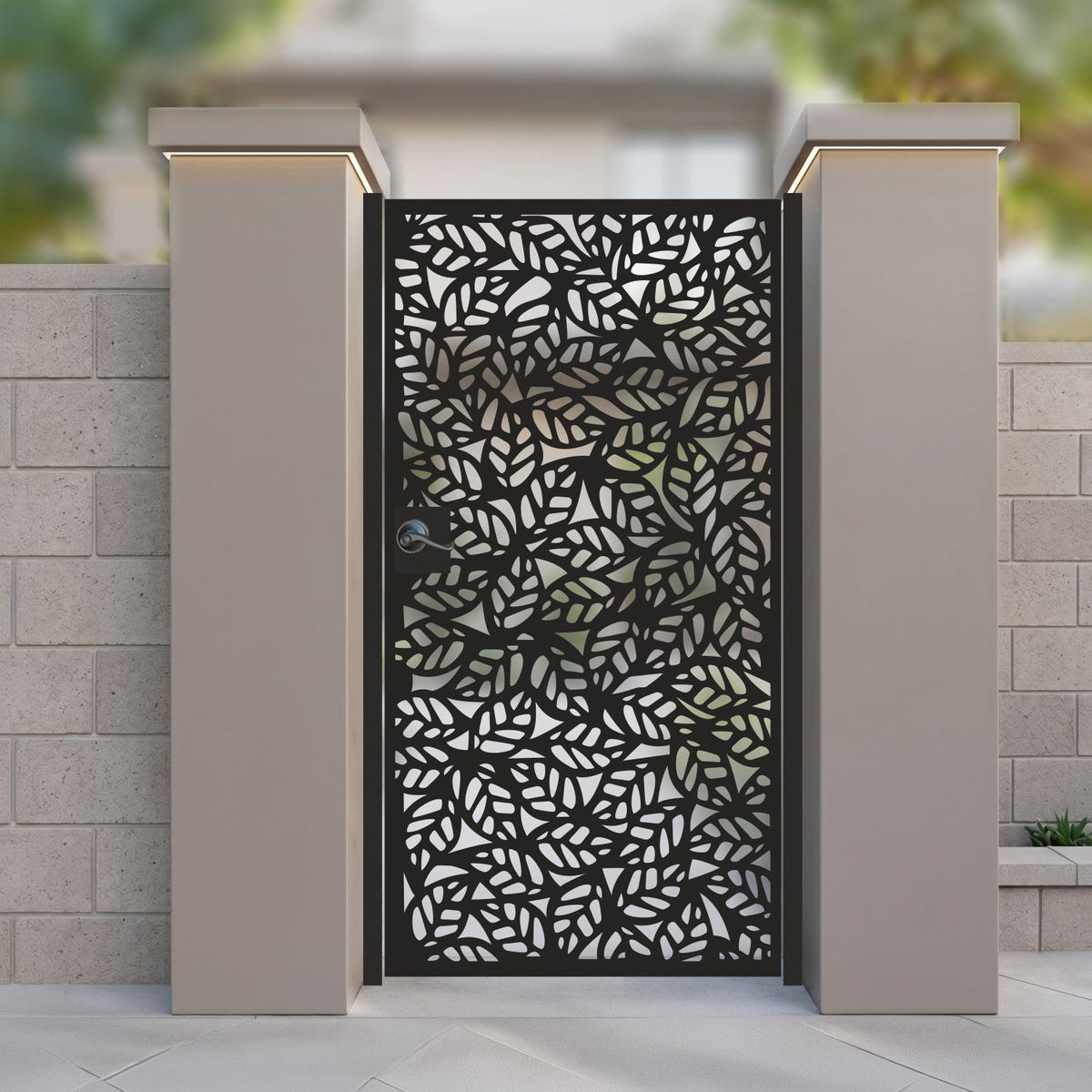 Black metal laser cut pedestrian garden gate featuring full coverage organic foliage leaf pattern