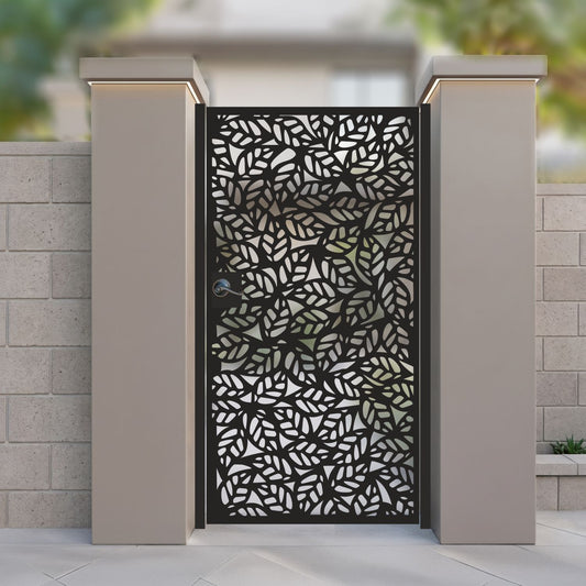 Black metal laser cut pedestrian garden gate featuring full coverage organic foliage leaf pattern