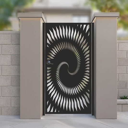 Black metal laser cut pedestrian garden gate featuring modern abstract hypnotic spiral nautilus pattern