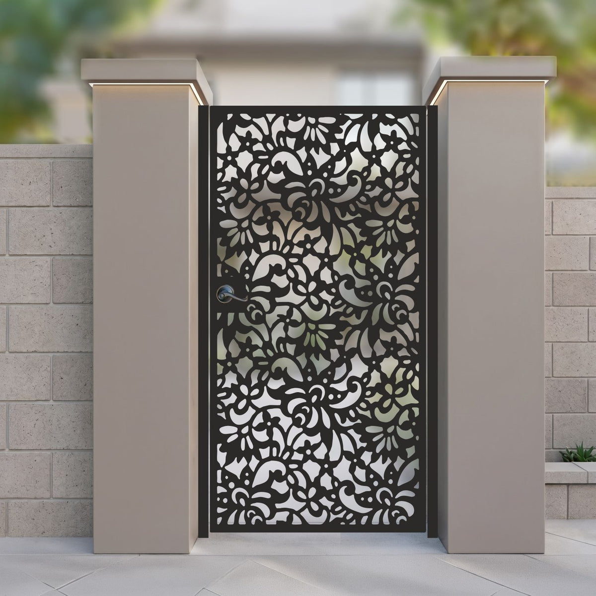 metal laser cut pedestrian garden gate featuring full coverage intricate paisley and floral lace pattern
