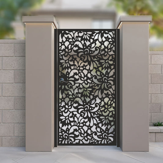 metal laser cut pedestrian garden gate featuring full coverage intricate paisley and floral lace pattern