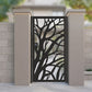 Black metal laser cut pedestrian garden gate featuring modern organic tree branch and root silhouette design