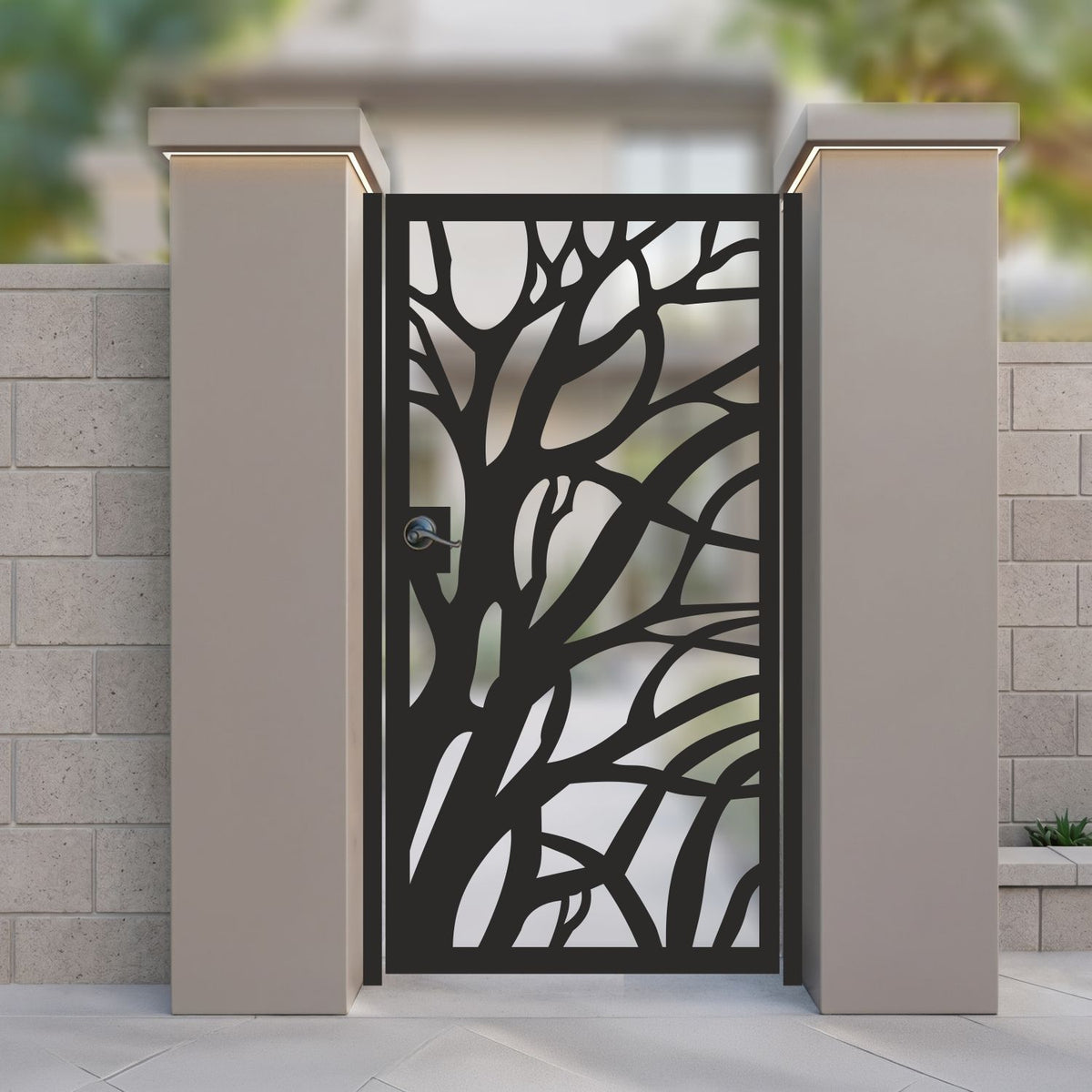 Black metal laser cut pedestrian garden gate featuring modern organic tree branch and root silhouette design