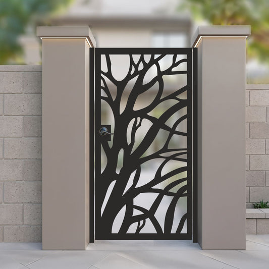 Black metal laser cut pedestrian garden gate featuring modern organic tree branch and root silhouette design