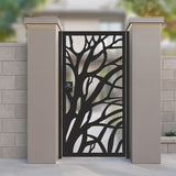 Black metal laser cut pedestrian garden gate featuring modern organic tree branch and root silhouette design