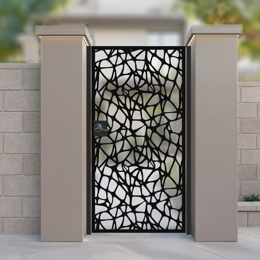 Black metal laser cut pedestrian garden gate featuring modern organic voronoi cellular web pattern