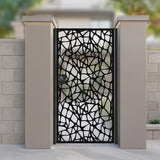 Black metal laser cut pedestrian garden gate featuring modern organic voronoi cellular web pattern