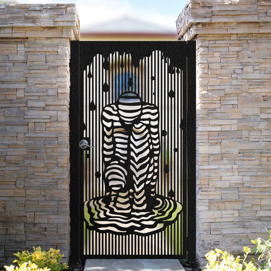 Black metal laser cut pedestrian garden gate featuring 3D optical illusion human figure under rain drops pattern