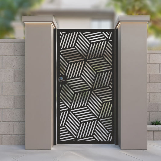 Metal laser cut pedestrian garden gate featuring full coverage 3D geometric isometric cube pattern