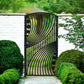 Black metal laser cut pedestrian garden gate featuring arched top frame with abstract curved geometric line pattern and diagonal baluster strip