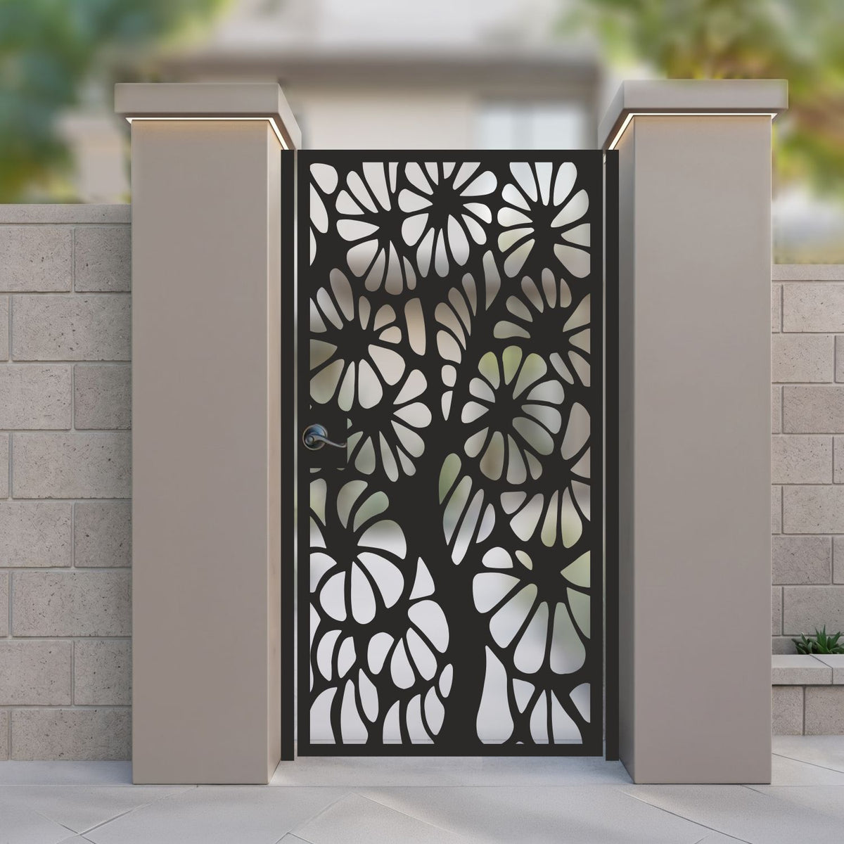 Black metal laser cut pedestrian garden gate featuring full coverage abstract daisy bloom and botanical floral pattern