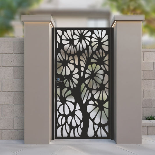 Black metal laser cut pedestrian garden gate featuring full coverage abstract daisy bloom and botanical floral pattern