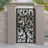 Black metal laser cut pedestrian garden gate featuring full coverage abstract daisy bloom and botanical floral pattern