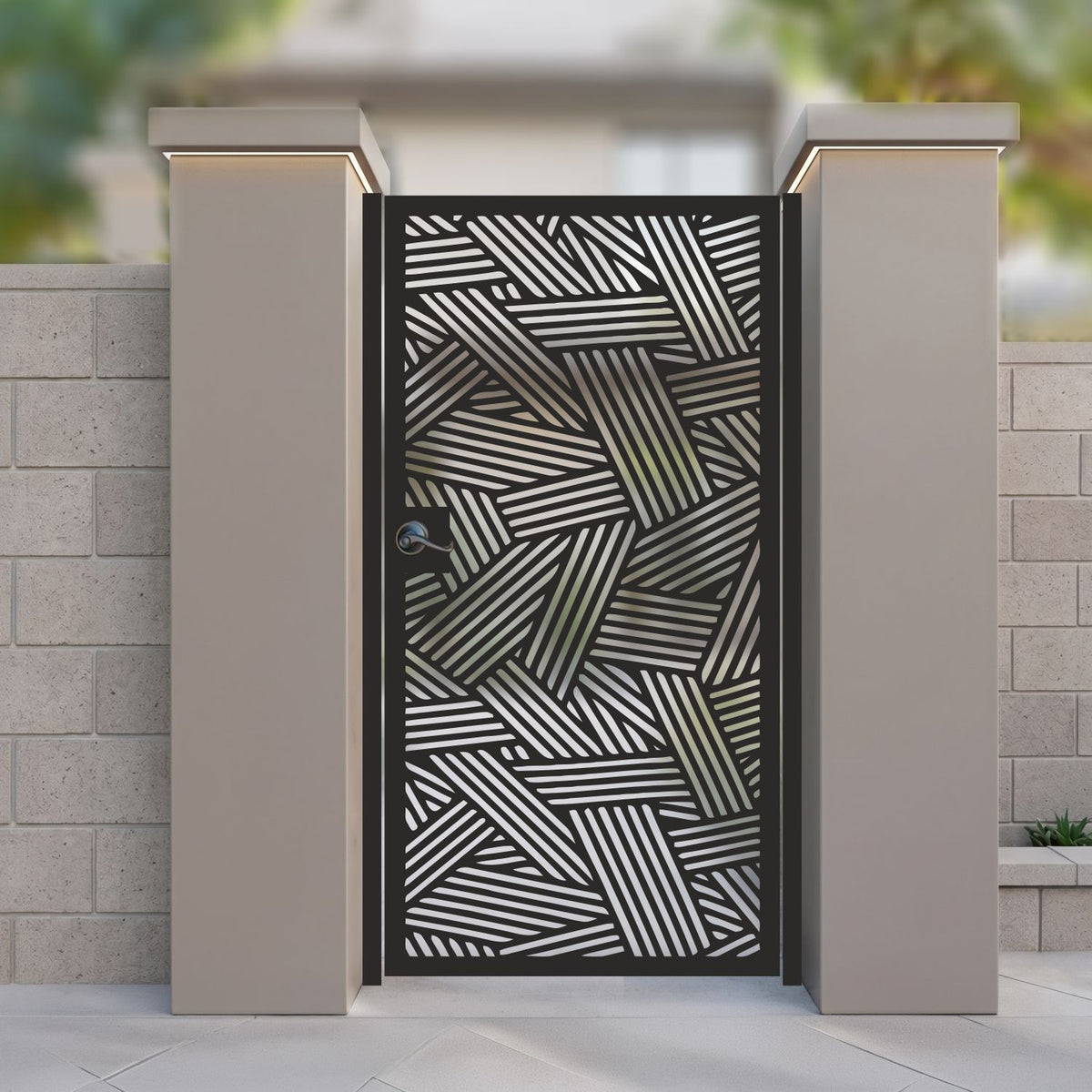 metal laser cut pedestrian garden gate featuring full coverage abstract linear slatted basketweave pattern
