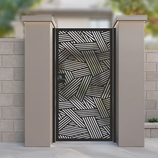 metal laser cut pedestrian garden gate featuring full coverage abstract linear slatted basketweave pattern