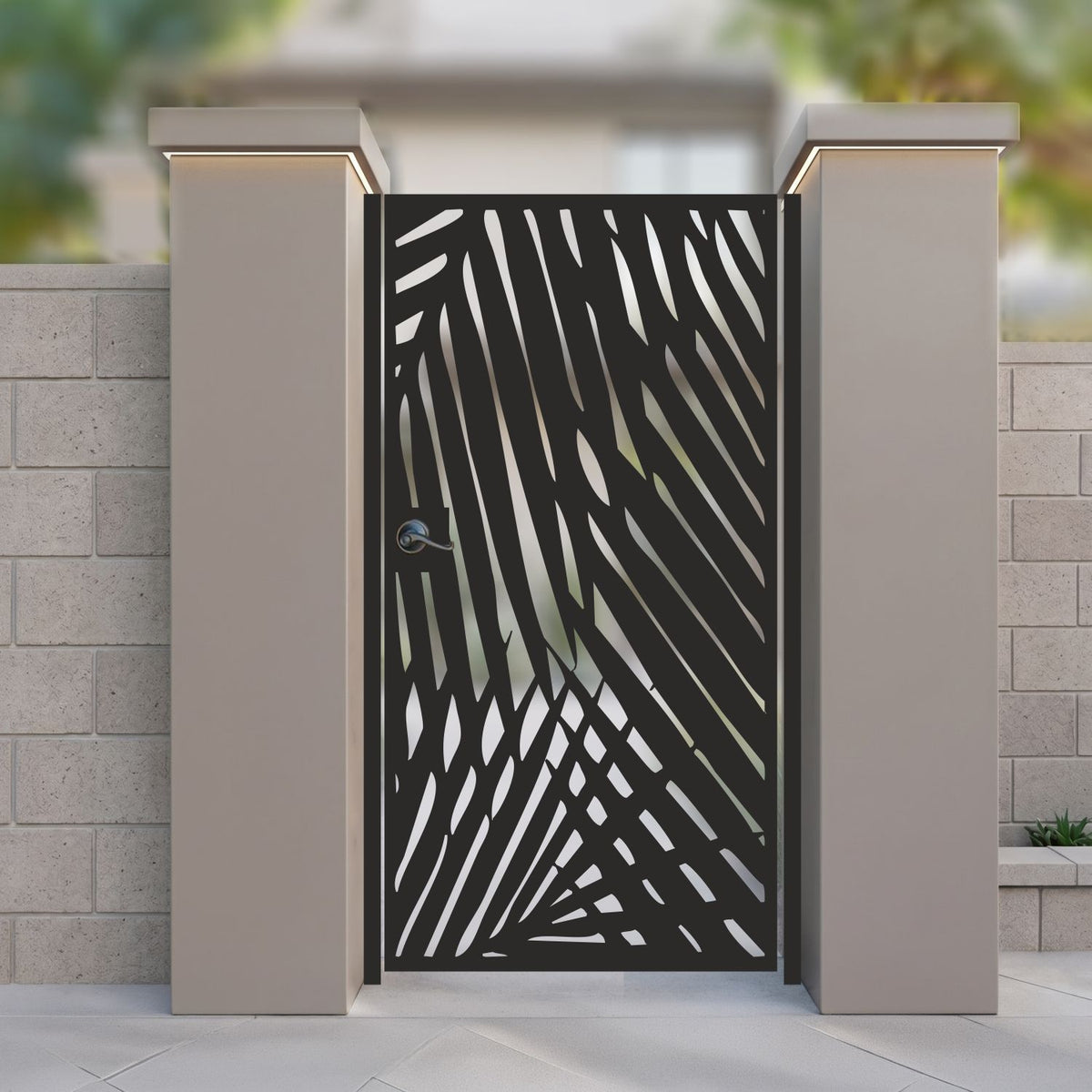 Black metal laser cut pedestrian garden gate featuring modern abstract palm leaf pattern