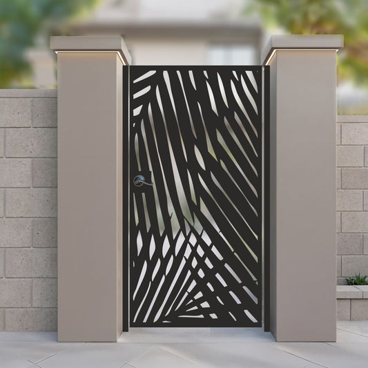 Black metal laser cut pedestrian garden gate featuring modern abstract palm leaf pattern