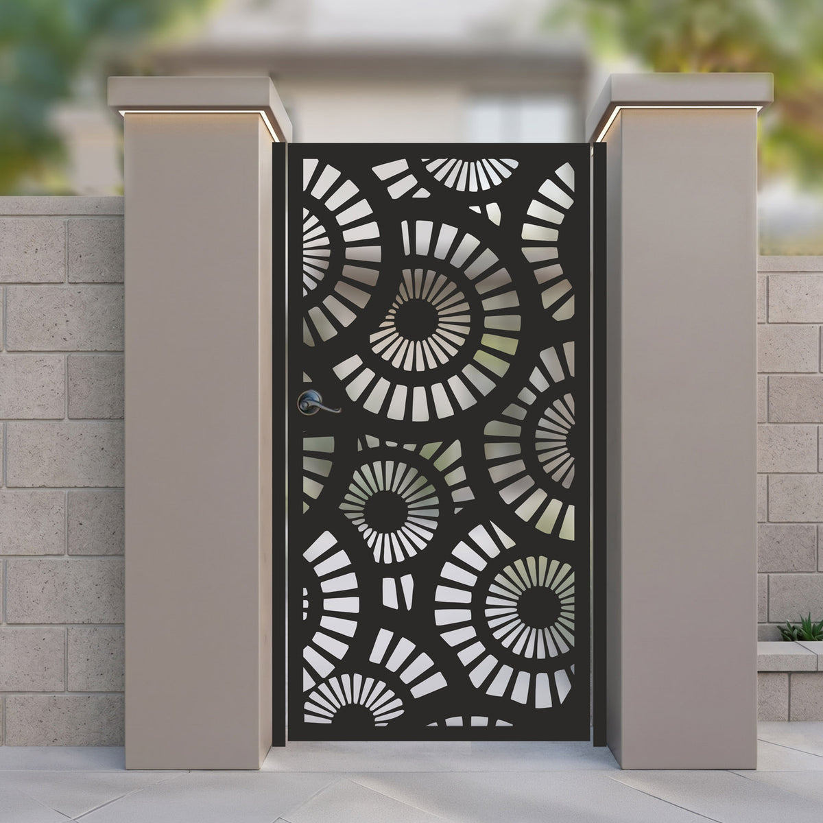 Metal laser cut pedestrian garden gate featuring full coverage abstract geometric radial fan and concentric segment pattern