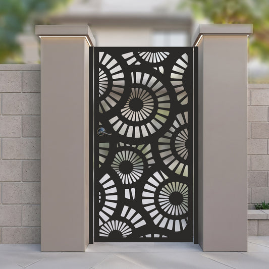 Metal laser cut pedestrian garden gate featuring full coverage abstract geometric radial fan and concentric segment pattern