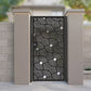 metal laser cut pedestrian garden gate featuring modern art deco geometric concentric circles and angled lines pattern