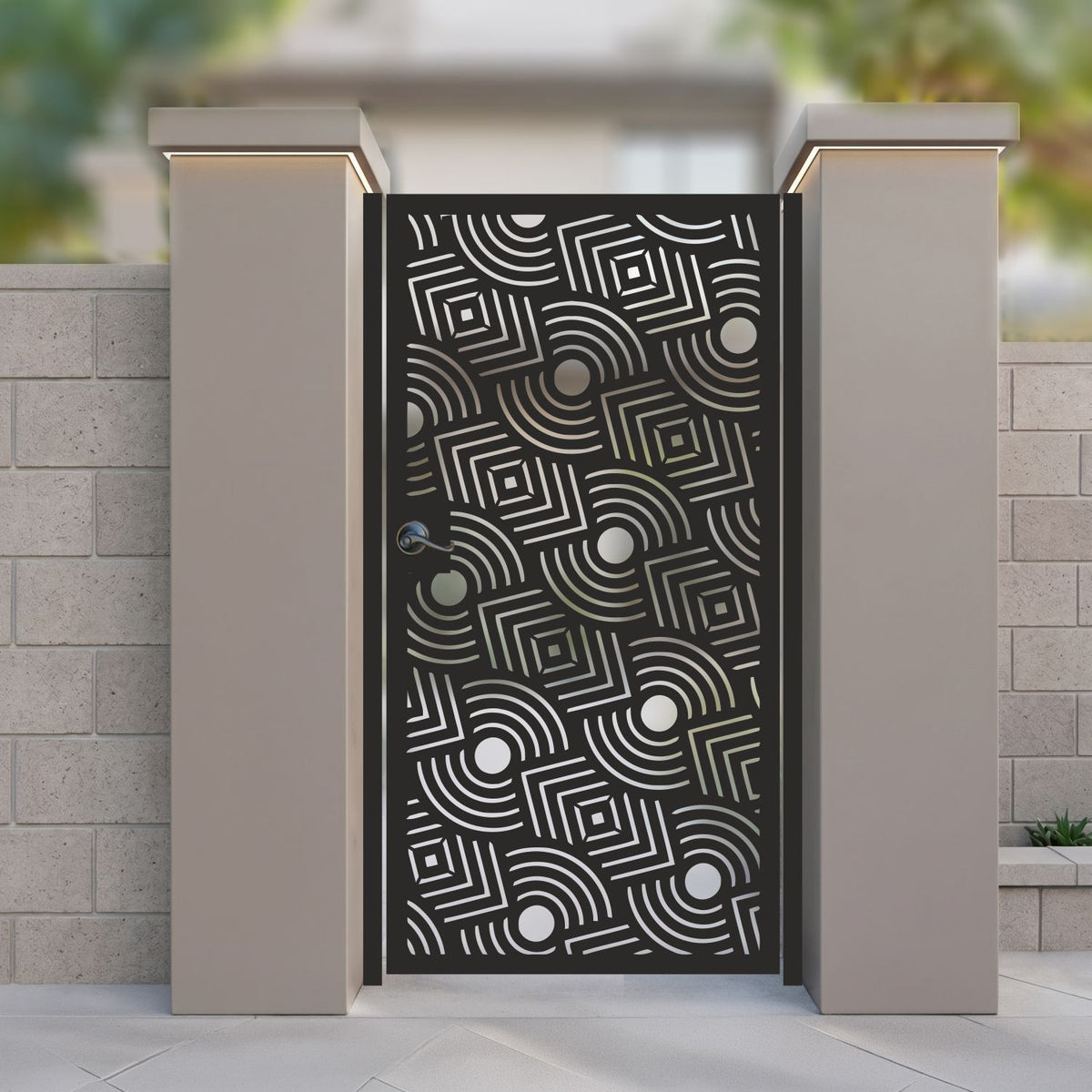 metal laser cut pedestrian garden gate featuring modern art deco geometric concentric circles and angled lines pattern
