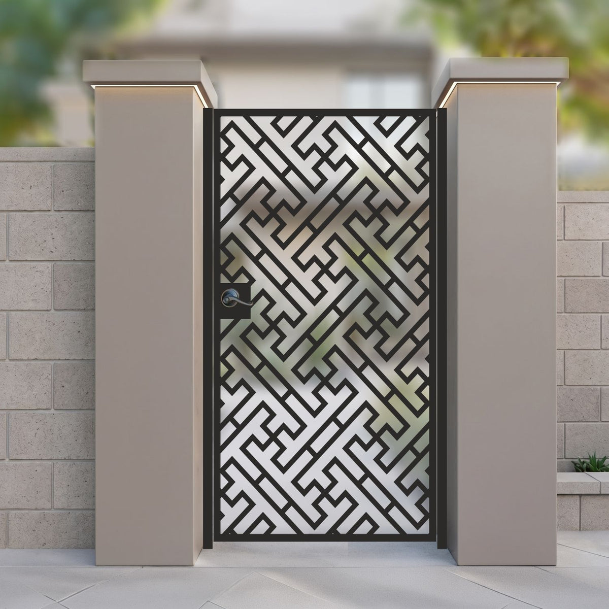 Black metal laser cut pedestrian garden gate featuring full coverage asian fretwork maze and geometric greek key pattern