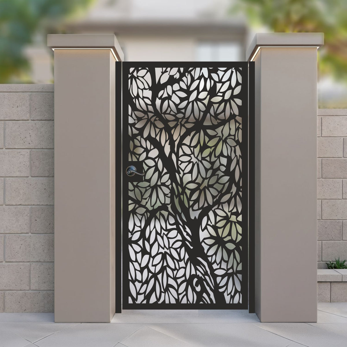 Black metal laser cut pedestrian garden gate featuring full coverage blooming tree branch and leaf cluster pattern