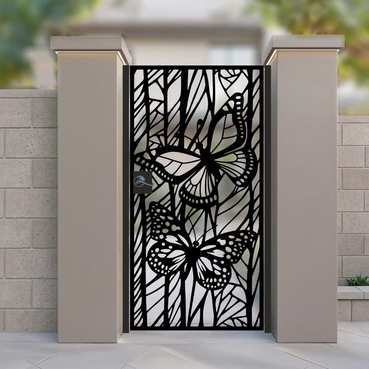 laser cut metal garden gate featuring modern monarch butterfly silhouette pattern