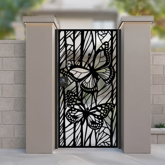 laser cut metal garden gate featuring modern monarch butterfly silhouette pattern