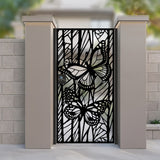 laser cut metal garden gate featuring modern monarch butterfly silhouette pattern