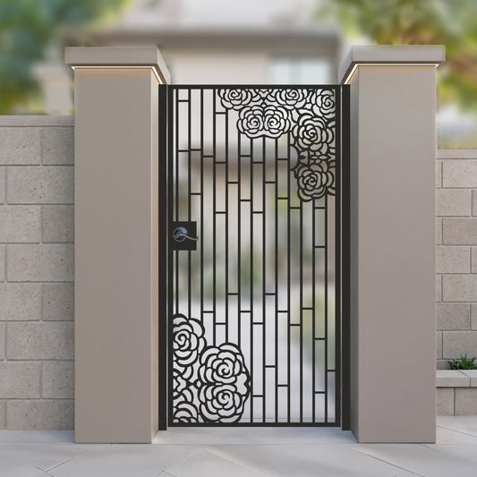 metal laser cut pedestrian garden gate featuring modern vertical slats with corner floral rose cluster design