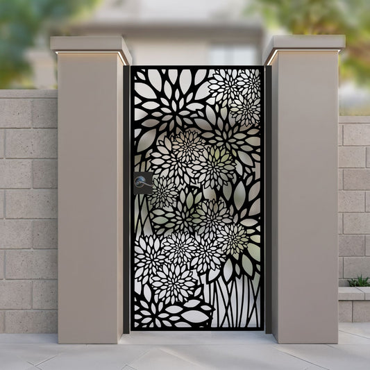 metal laser cut pedestrian garden gate featuring full coverage dahlia and chrysanthemum floral pattern