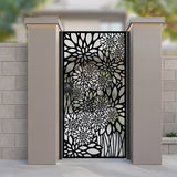 metal laser cut pedestrian garden gate featuring full coverage dahlia and chrysanthemum floral pattern