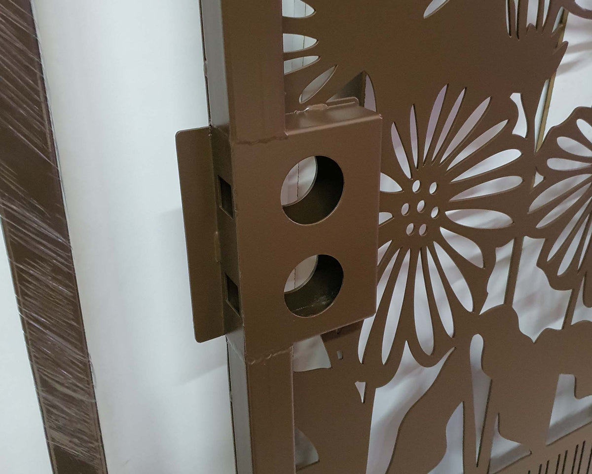 Brown powder coated laser cut metal pedestrian garden gate lock detail