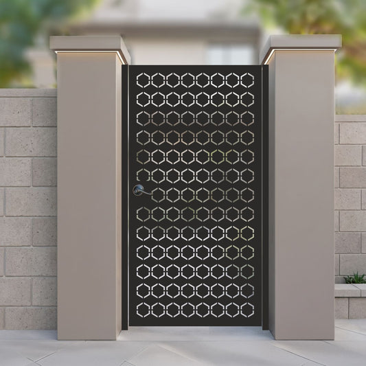 Black metal laser cut pedestrian garden gate featuring modern minimalist dashed hexagon geometric pattern