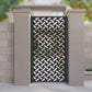 Black metal laser cut pedestrian garden gate featuring modern diagonal basketweave lattice pattern
