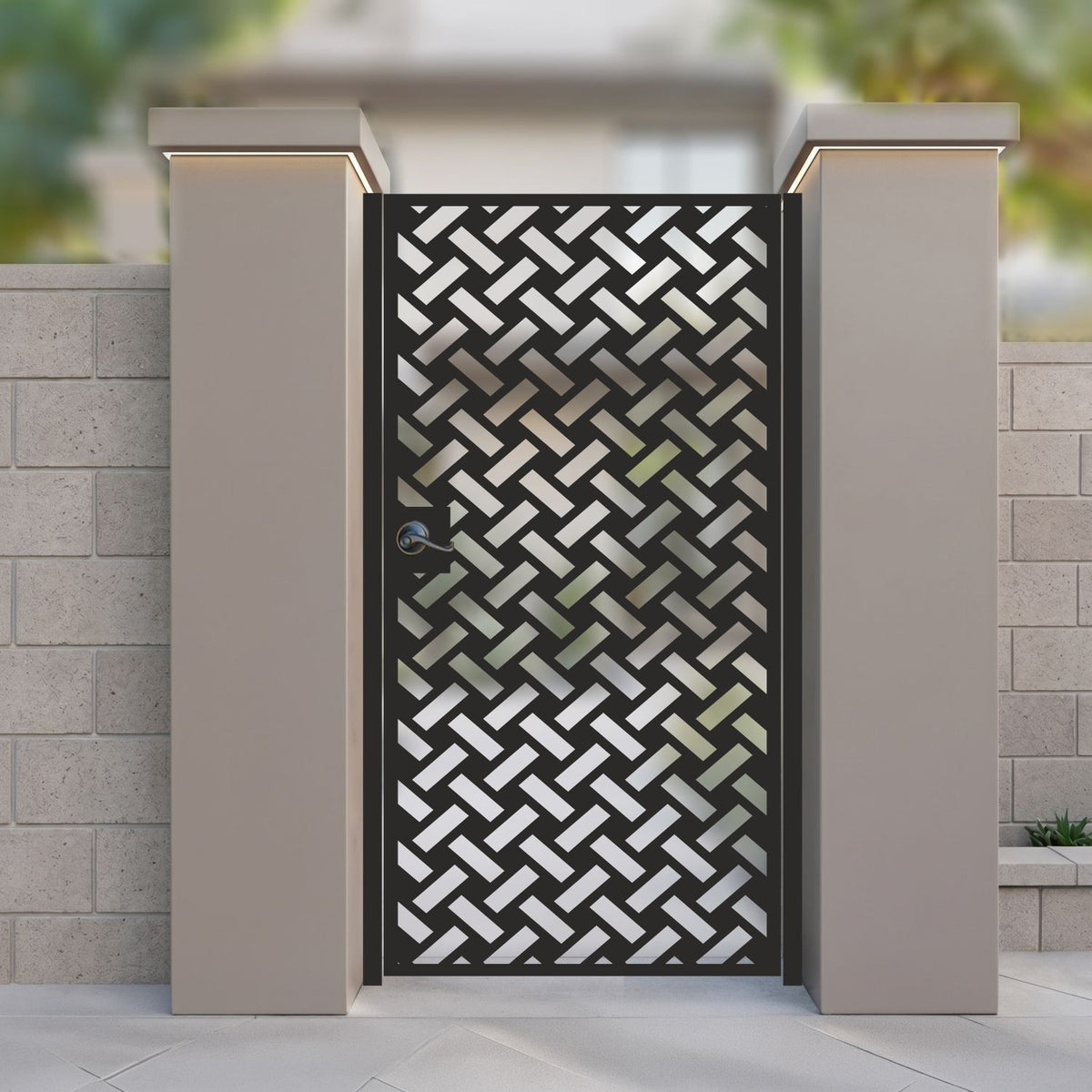 Black metal laser cut pedestrian garden gate featuring modern diagonal basketweave lattice pattern
