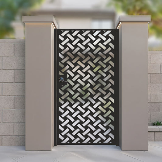 Black metal laser cut pedestrian garden gate featuring modern diagonal basketweave lattice pattern