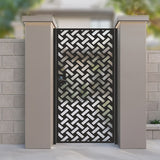 Black metal laser cut pedestrian garden gate featuring modern diagonal basketweave lattice pattern