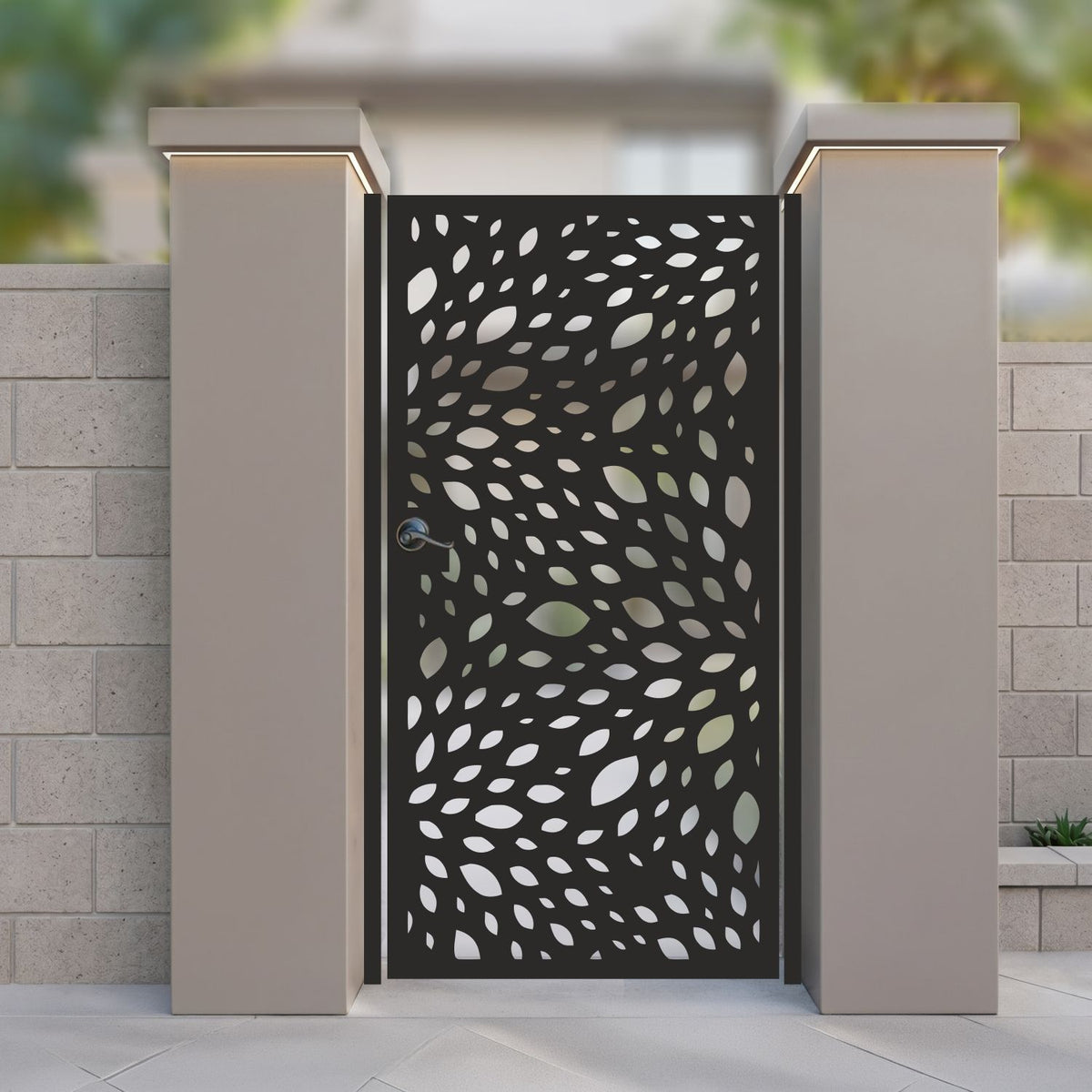 Metal laser cut pedestrian garden gate featuring full coverage abstract falling leaves and drifting petals scatter pattern