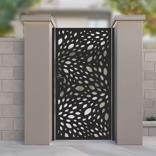 Metal laser cut pedestrian garden gate featuring full coverage abstract falling leaves and drifting petals scatter pattern
